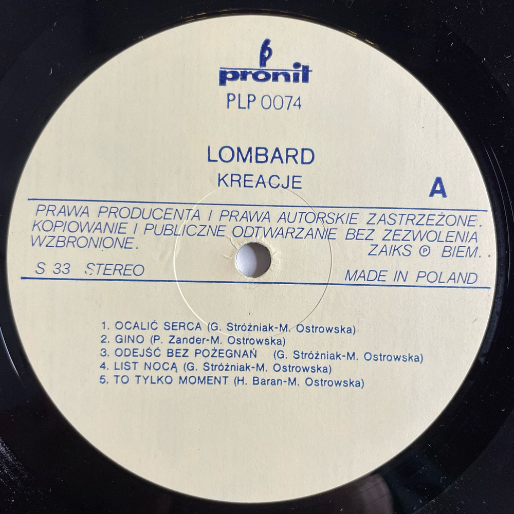 Винтажная виниловая пластинка LP Lombard Kreacje (Польша 1987)