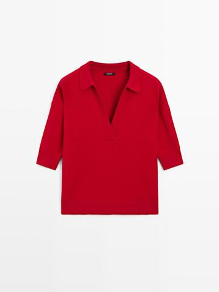 Massimo Dutti Трикотажное поло из смесовой шерсти с V-образным вырезом, красный