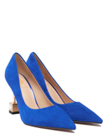 Женские замшевые синие туфли с авторским квадратным каблуком