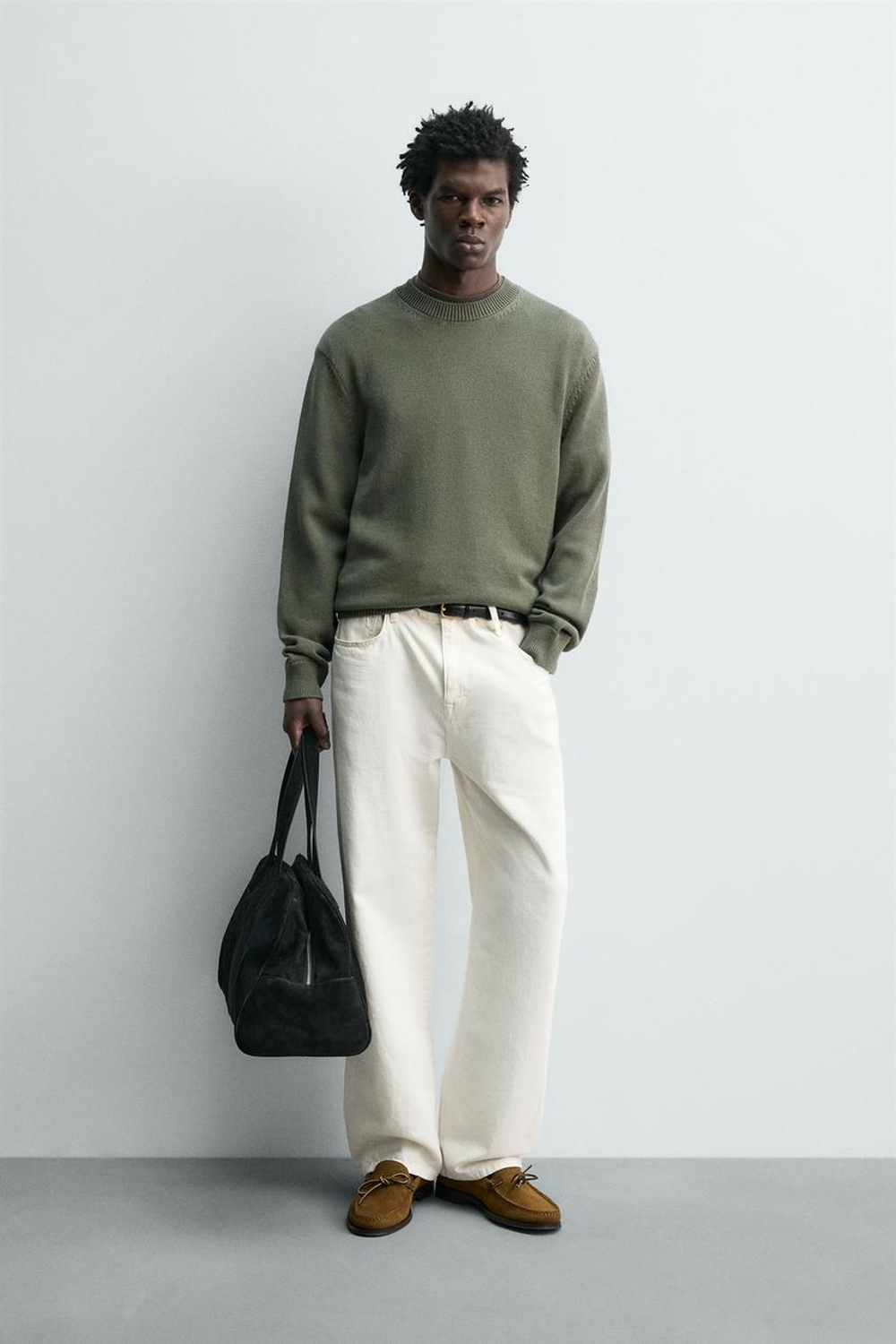 ZARA ХЛОПКОВЫЙ СВИТЕР КЛАССИЧЕСКОГО КРОЯ, ЗЕЛЕНЫЙ/СЕРЫЙ