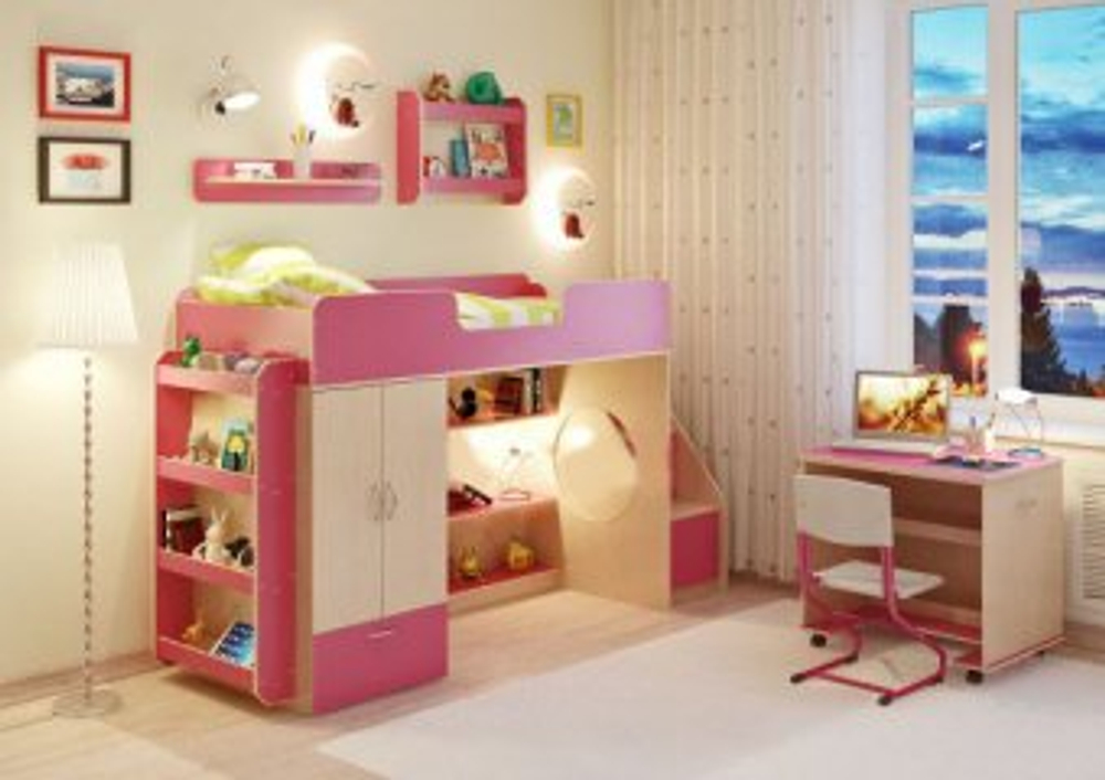 Кровать-чердак КарИВи Легенда 3.6 с полками  Дуб Молочный Розовый