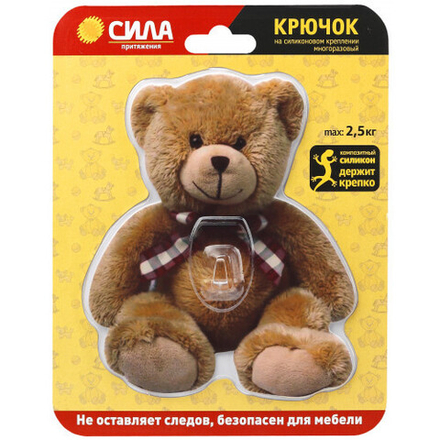 Крючок СИЛА SHT12-S1C-12 на силиконовом креплении Мишка Teddy 12х14.5 см нагрузка до 2,5 кг