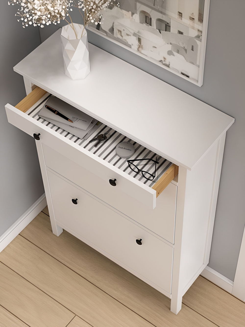 IKEA Обувница 4 ящ,HEMNES 106*101*22, белая/светло-коричневая, КЫМОР (ХЕМНЭС ИКЕА)