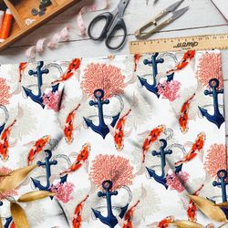 Ткань кулирная гладь якорь золотые карпы кораллы