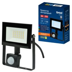ULF-F62-30W-6500K SENSOR IP54 200-240В BLACK Прожектор светодиодный с датчиком движения и освещенности. Дневной свет 6500K. Корпус черный. TM Uniel