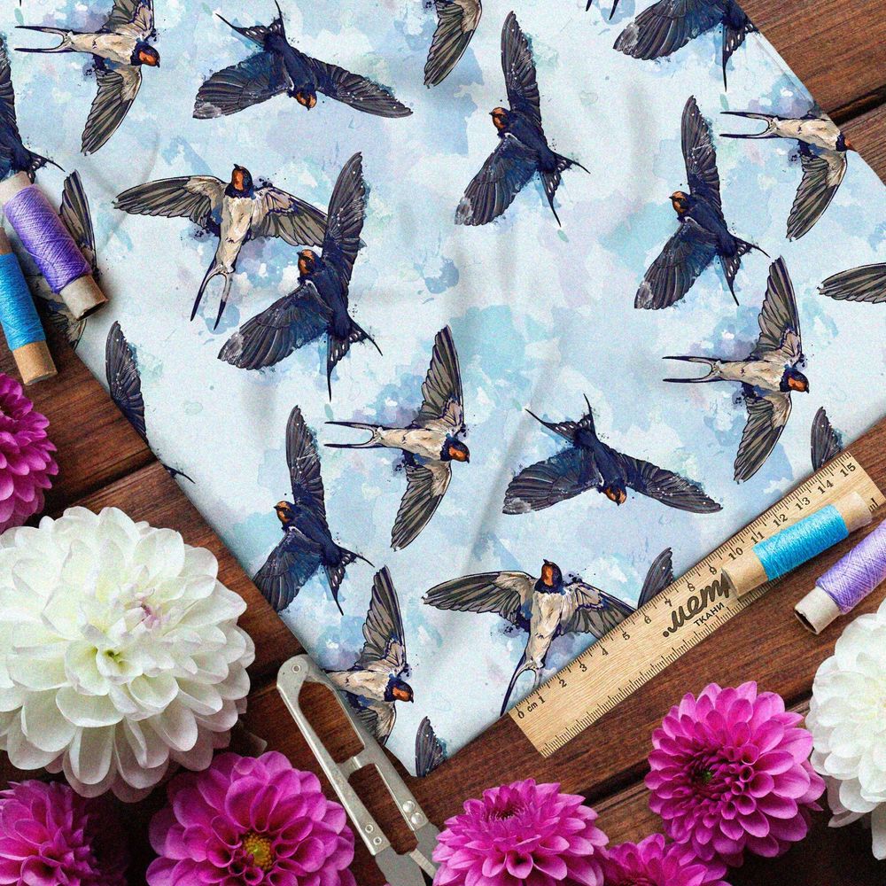 Ткань атлас акварельные ласточки в небе