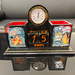 Настольный набор с часами и календарем с ручной росписью Палех "Русские сказки"