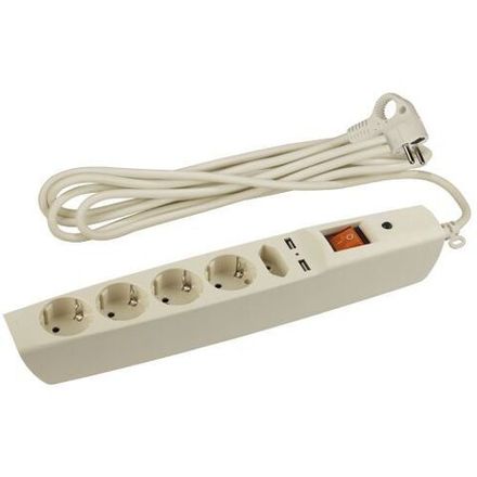 Удлинитель с сетевым фильтром 5х2м с заземл. 10А IP20 U-5es-2m-I 2хUSB ПВС 3х0.75 с выкл. защ. шторки сл. кость Эра C0043328