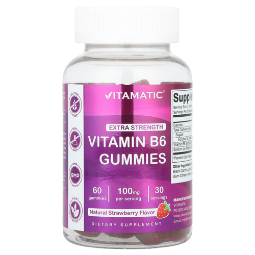 Vitamatic, витамин B6, натуральная клубника, 60 жевательных мармеладок (50 мг в 1 жевательной таблетке)