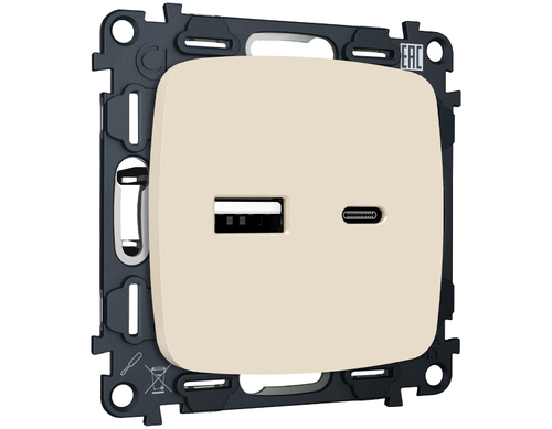 MO331010 Комплект механизма розетки OMEGA Бежевый матовый 2USB A+C 20W (быстрая зарядка) QUANT (OP3310, VM177)