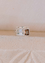 Кольцо «Мозаик» раф прямоугольный с дымчатым кварцем и ромбом белый циркон