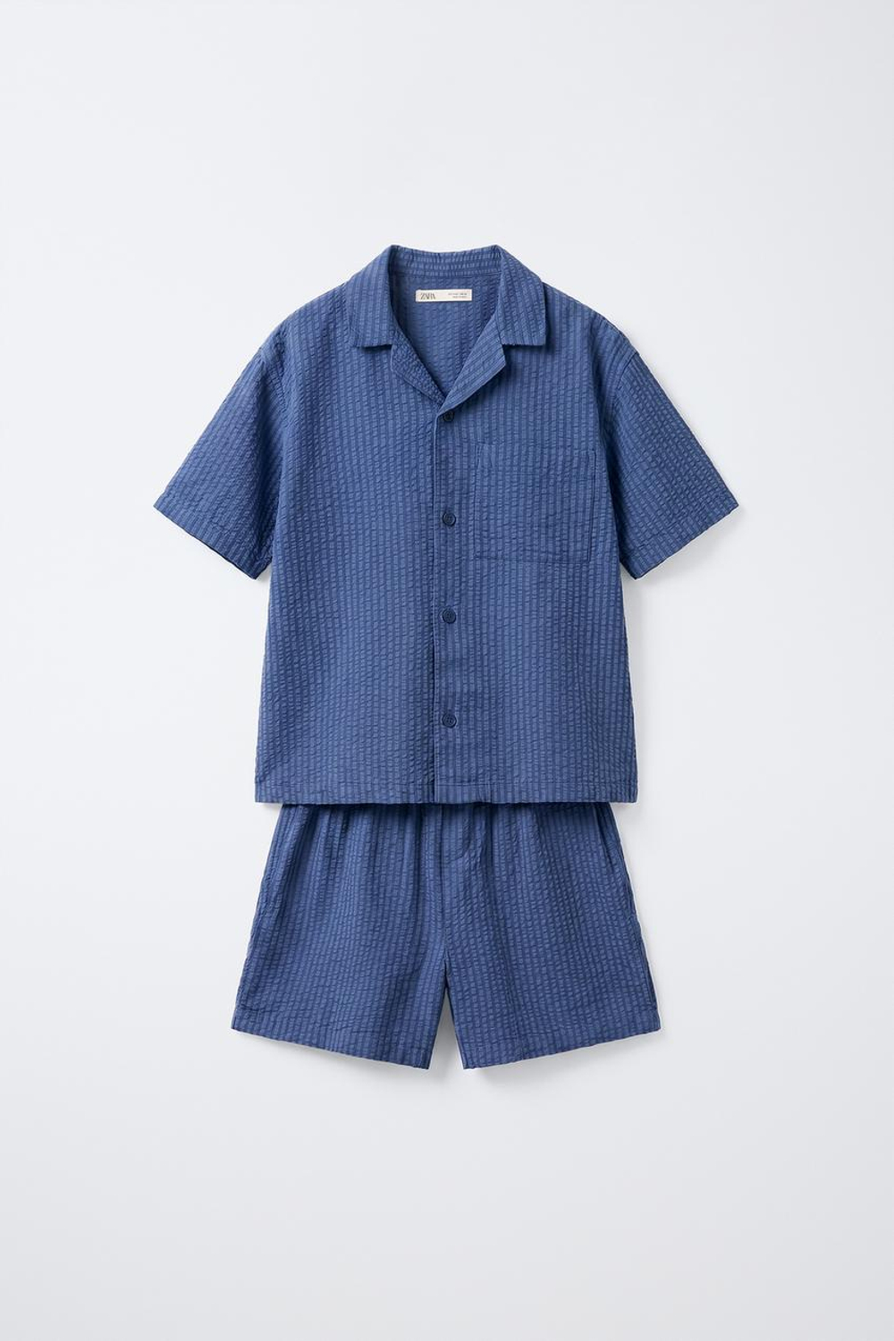 ZARA ПИЖАМА-РУБАШКА ИЗ СИРСАКЕРА С МОДАЛОМ, СИНИЙ