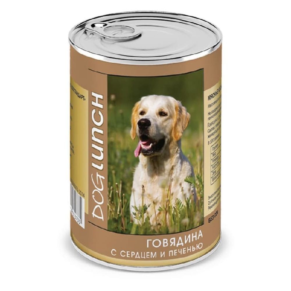 Влажный корм DOG LUNCH для собак с говядиной, сердцем и печенью в желе, банка 410г