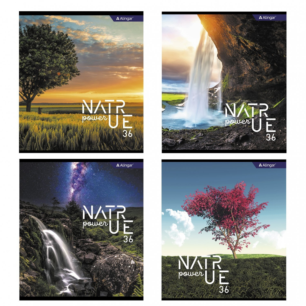Тетрадь 36 л., А5, клетка, Alingar "Nature power", скрепка, второй блок 60г/м2, мелованный картон (стандарт), 4 дизайна в пленке т/у