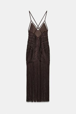 ZARA ДЛИННОЕ ПЛАТЬЕ С БАХРОМОЙ — ZW COLLECTION, КОРИЧНЕВЫЙ