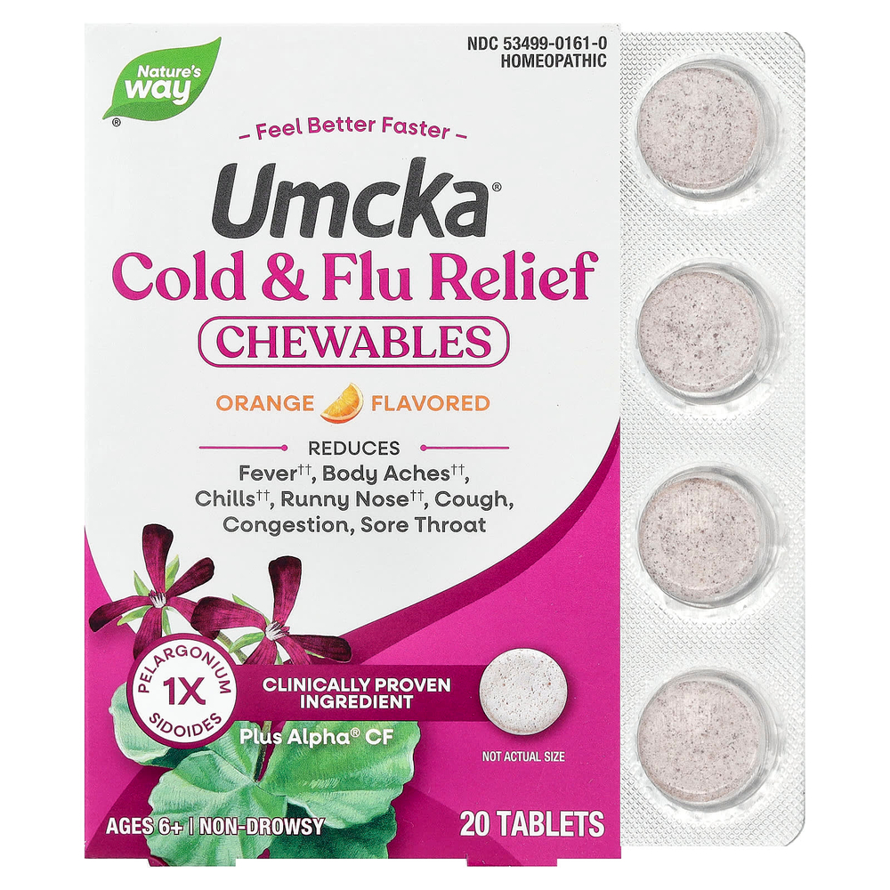 Nature's Way, Umcka®, жевательные таблетки для облегчения симптомов простуды и гриппа, для детей от 6 лет, со вкусом апельсина, 20 таблеток
