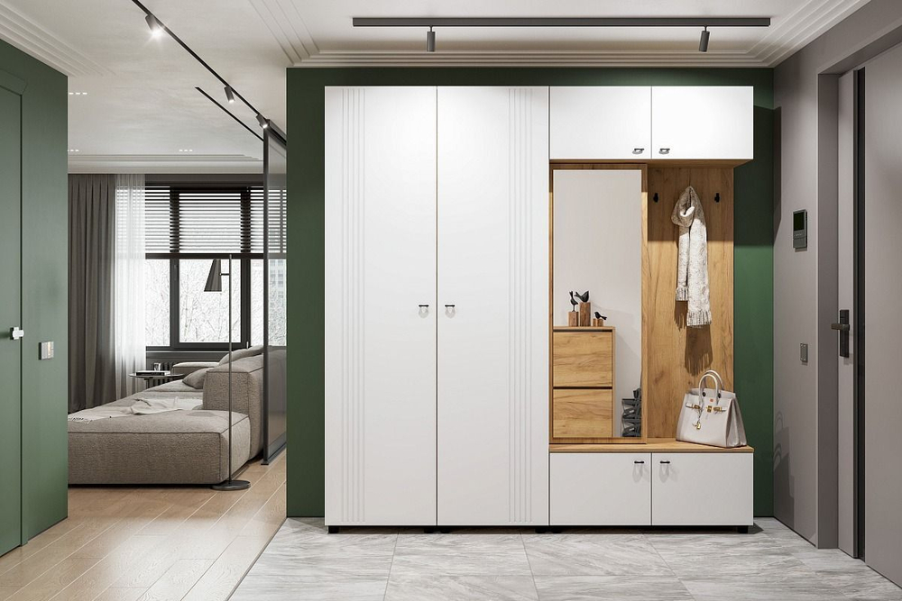 Прихожая с зеркалом комплект мебели Дуб Золотой/Белый Матовый 210х40х220 см