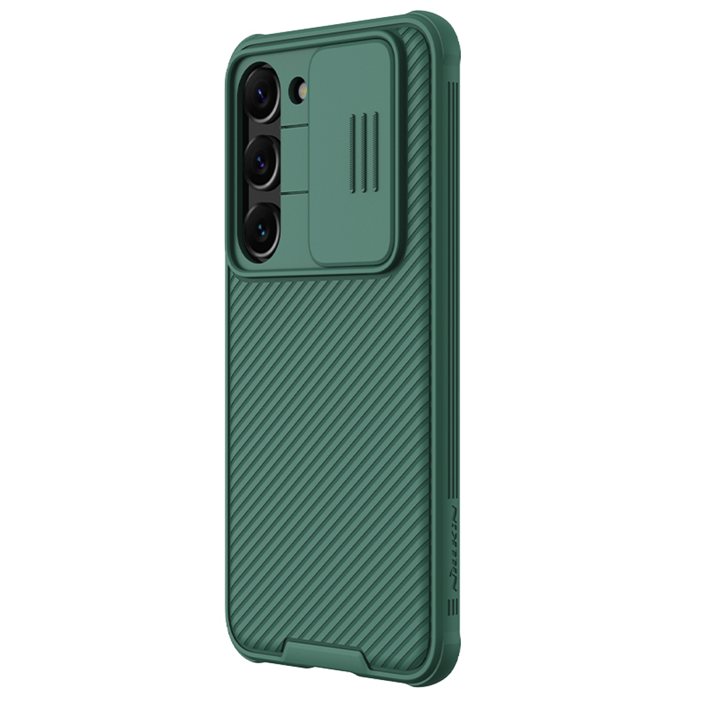 Чехол зеленого цвета (Deep Green) с сдвижной шторкой для камеры от Nillkin на Samsung Galaxy S23+ Плюс, серия CamShield Pro Case