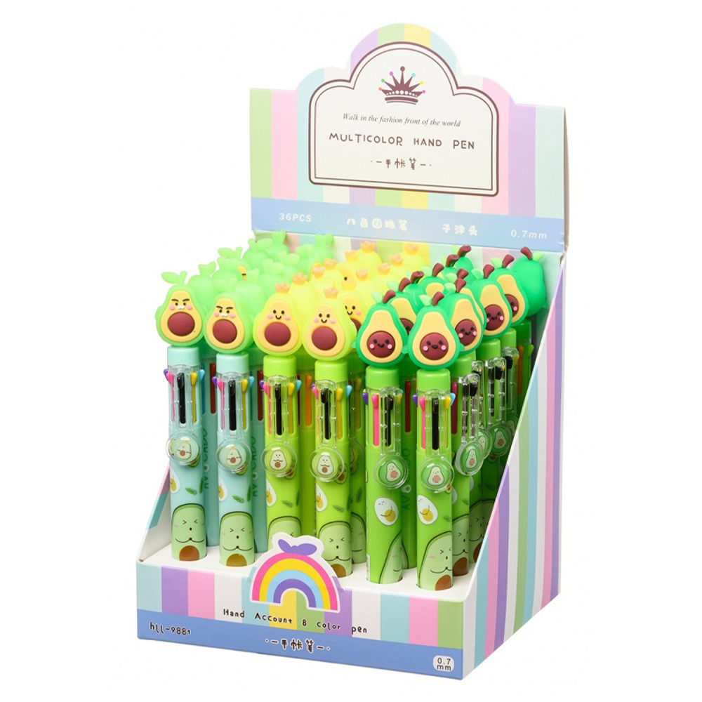 Ручка шариковая, автоматическая, 8в1, Basir, 8-ти цветная, серия "Авокадо", с резиновой фигуркой, 36 шт