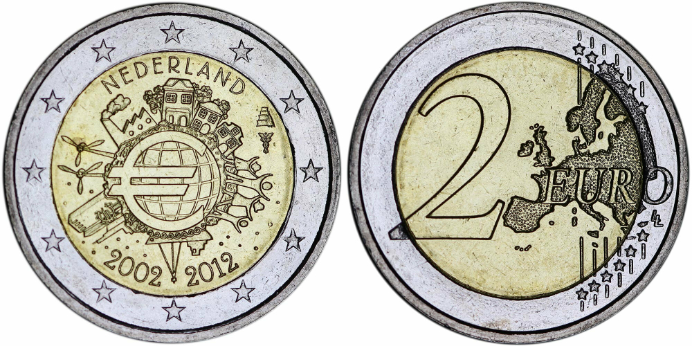 Нидерланды 2 евро 2012 10 лет наличным XF