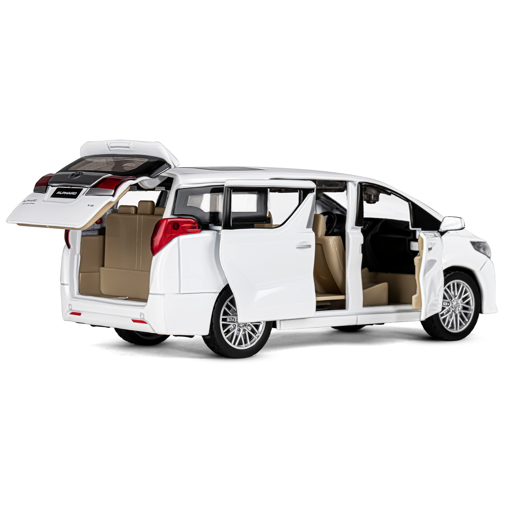 Модель 1:29 Toyota Alphard, белый, откр. передние и боковые, багажник, свет, звук