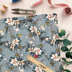 Ткань шифон цветы с животным миром