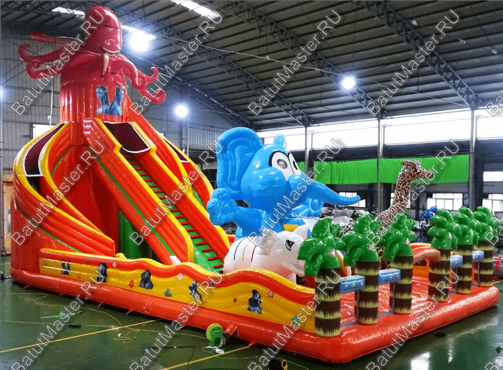 Коммерческий надувной батут "Слоны и жираф" 18*9*8,5 м
