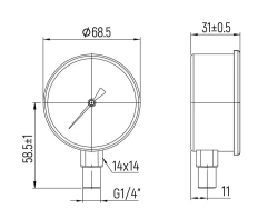 Манометр гидравлический на 25 бар (350 psi), 63 мм, G 1/4" радиальный, виброустойчивый - глицериновый