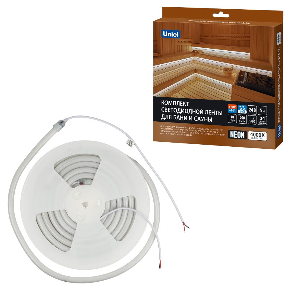 ULS-N40-2835-120LED-m-16mm-IP68-DC24V-10W-m-5M-4000K NEON SET01 Комплект светодиодной ленты для бань и саун. до +100С. катушка 5м. Белый свет 4000К. Крепление в-к. TM Uniel