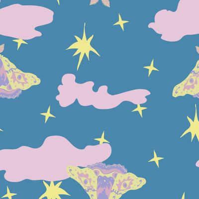 Мечтательные мотыльки в сумеречном небе со звёздами и облаками. Dreamy moths in twilight sky with stars and clouds