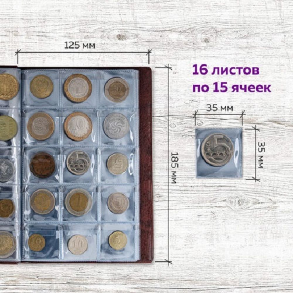 Альбом для монет 125*185, на 240 монеты, коричневый, Staff