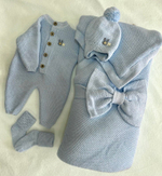 Вязаный комплект на выписку 5 предмета "Happy Kids" (одеяло, бант, комбинезон, шапочка, пинетки) (Цвет: Фиолетовый)