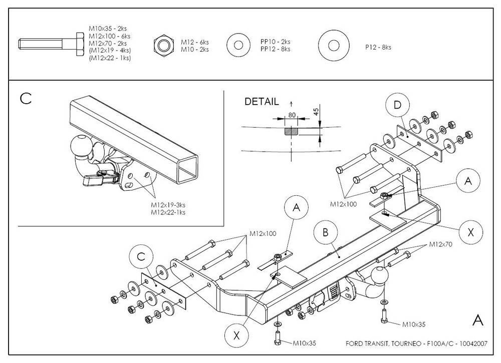 Фаркоп оцинкованный Galia F100A для Ford Transit 2000-2014 без ступеньки(паспорт и сертификат в комплекте)(без электрики)