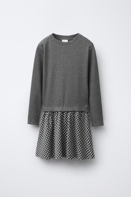 ZARA КОМБИНИРОВАННОЕ ПЛАТЬЕ В РУБЧИК С ЮБКОЙ В КЛЕТКУ, ЭКРЮ/ЧЕРНЫЙ
