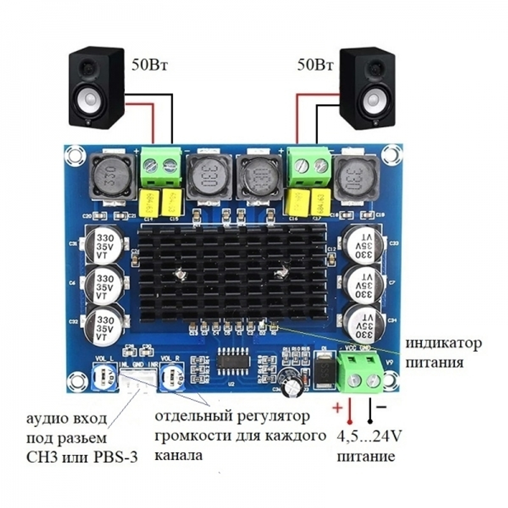 MP3116m Стерео усилитель НЧ D-класса 2x50Вт (TPA3116) готовый модуль