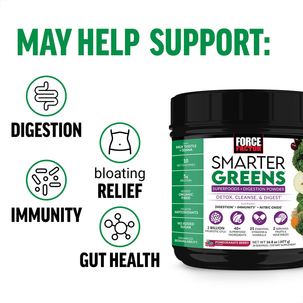 Force Factor, Smarter Greens®, суперфуды и порошок для улучшения пищеварения, гранат и ягоды, 477 г (16,8 унции)