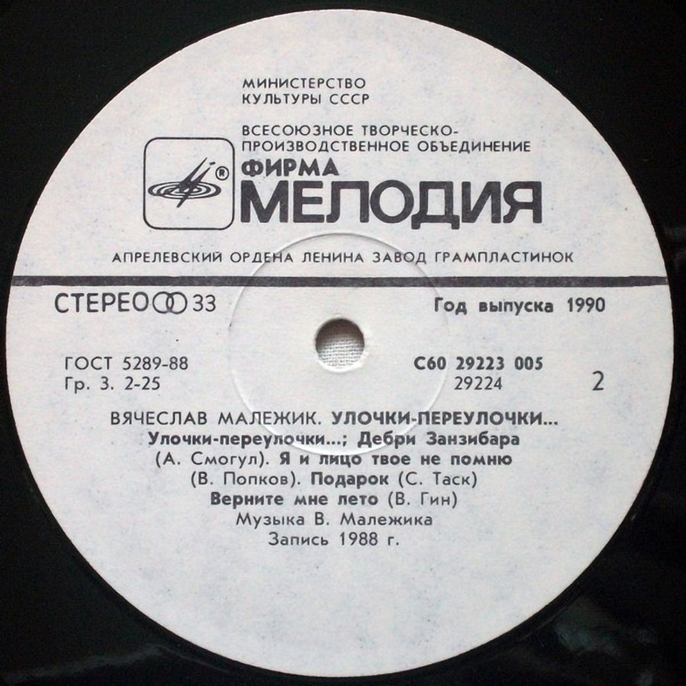 Вячеслав Малежик / Улочки-Переулочки... (LP)