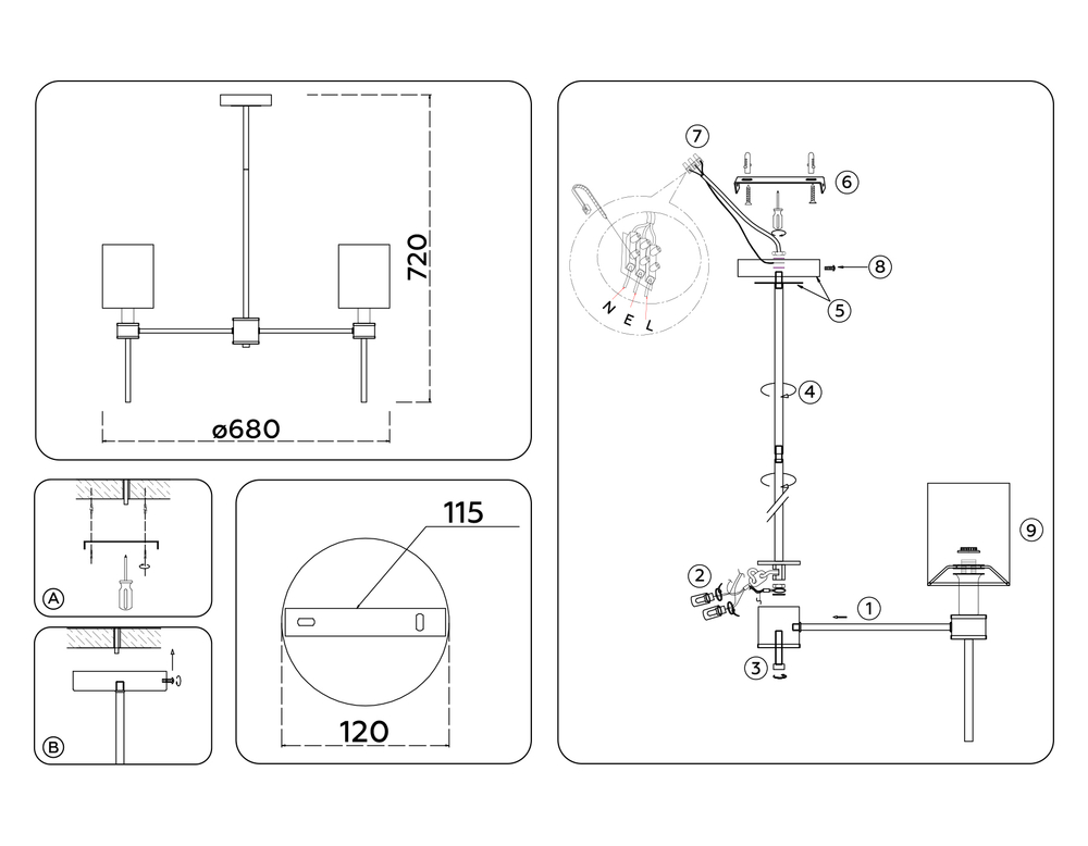 Светильник подвесной LH72371/5 DBS/WH темная латунь/белый E14/5 max 40W D680*720