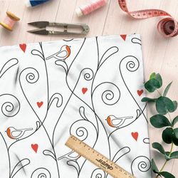 Ткань дюспо снегири и завитки на белом фоне