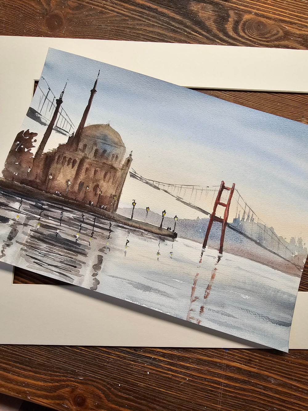 Картина авторская акварельная в паспарту 30х40 см на стену для интерьера "Мечеть Ортакей. Стамбул"