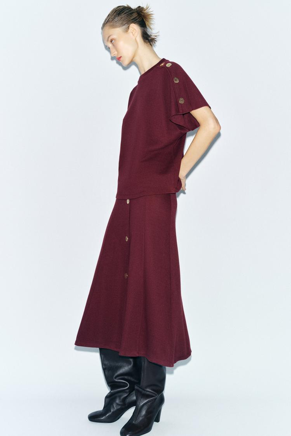 ZARA ТОП ИЗ МЯГКОЙ ТКАНИ С ПУГОВИЦАМИ, ЦВЕТ БУРГУНДСКОГО ВИНА