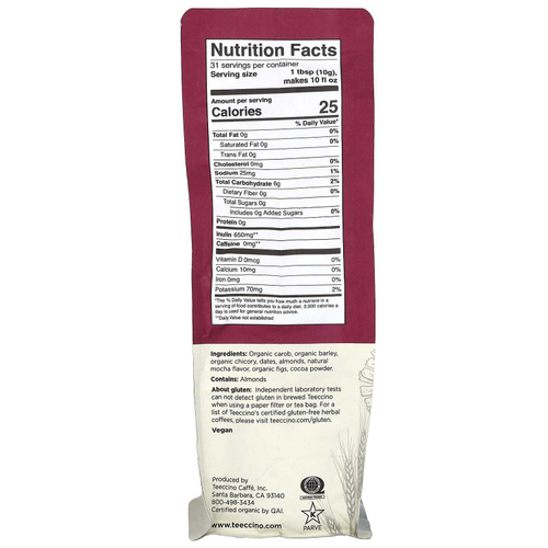 Teeccino, травяной кофе из цикория, мокка, средней прожарки, без кофеина, 312 г (11 унций)