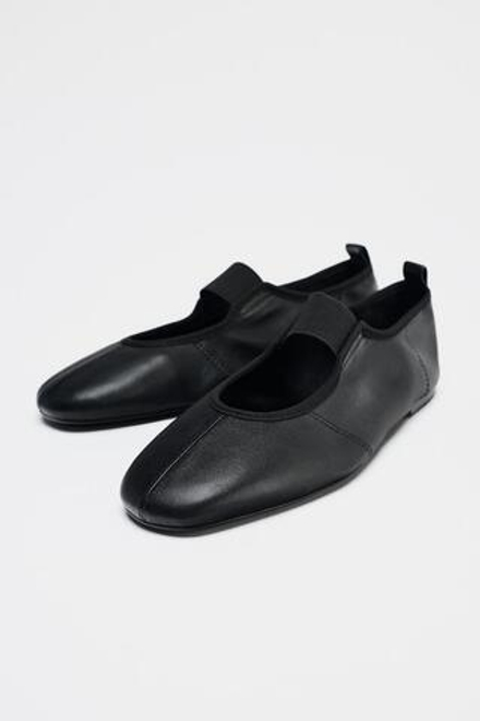 ZARA КОЖАНЫЕ БАЛЕТКИ С ЭЛАСТИЧНЫМИ ДЕТАЛЯМИ, ЧЕРНЫЙ