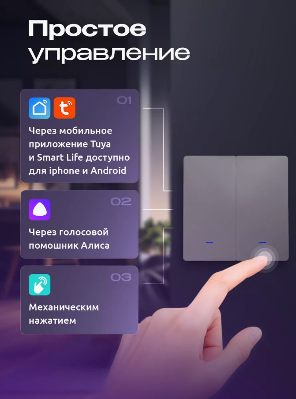 Умный двухклавишный выключатель "Алиса", с Wi-Fi и подсветкой, встраиваемый, серый