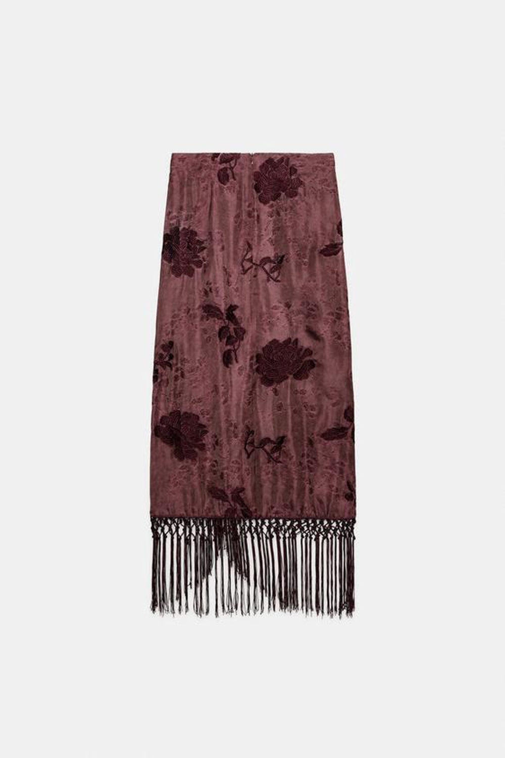 ZARA ЮБКА-ПАРЕО С ВЫШИВКОЙ И БАХРОМОЙ, БУРГУНДИ