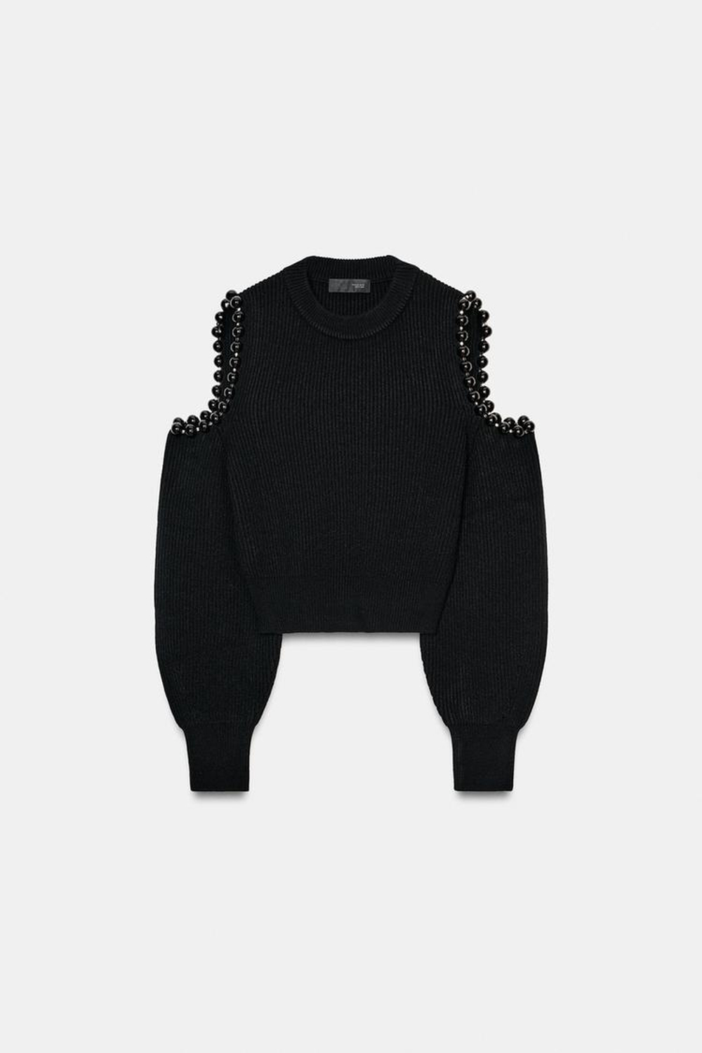 ZARA ДЖЕМПЕР В РУБЧИК С ВЫРЕЗАМИ И ШАРИКАМИ, ЧЕРНЫЙ