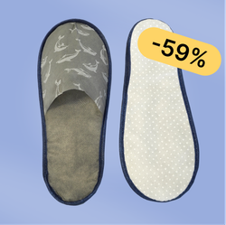 Тапки спанбонд, закрытый мыс (100 пар) одноразовые, дельфины, тематические УЗО, серые, темно-синяя окантовка