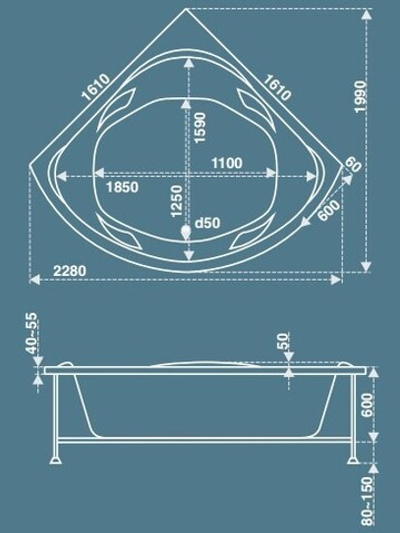 Ванна акриловая BAS Ривьера 1610х1610 с гидромассажем и каркасом