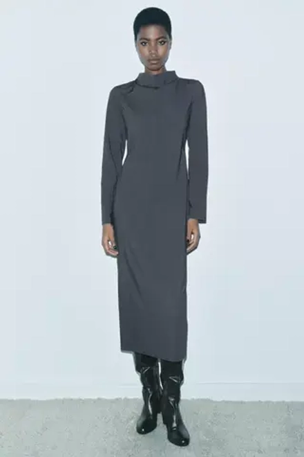 ZARA ПЛАТЬЕ МИДИ С РАЗРЕЗОМ — ZW COLLECTION, СЕРЫЙ