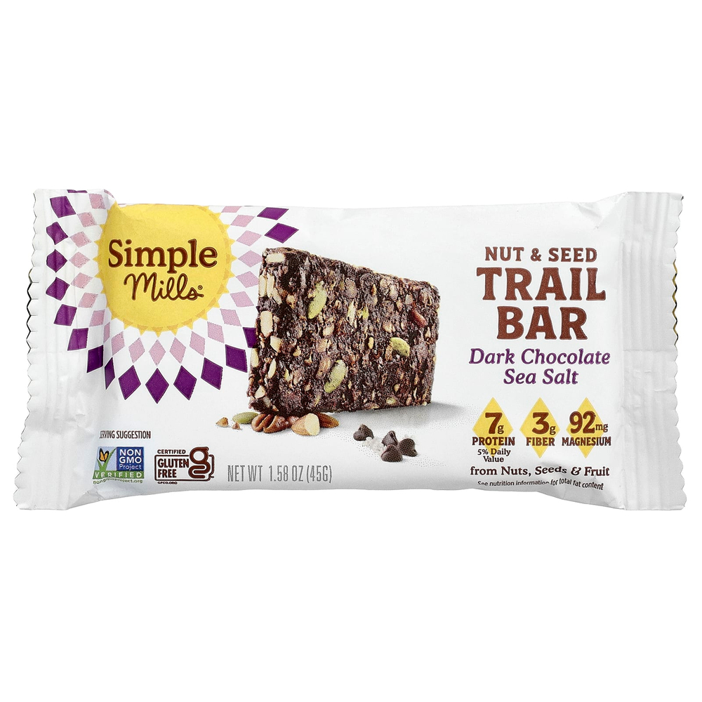 Simple Mills, Батончик с орехами и семенами, темный шоколад с морской солью, 5 батончиков по 45 г (1,58 унции)